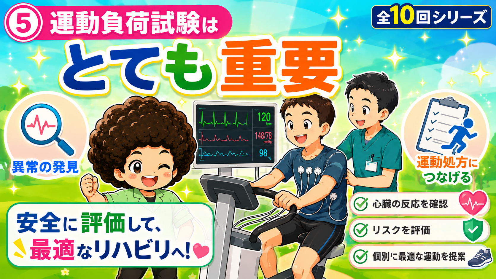 心電図・血圧・SpO2をモニターしながら負荷をかけ、安全に評価する