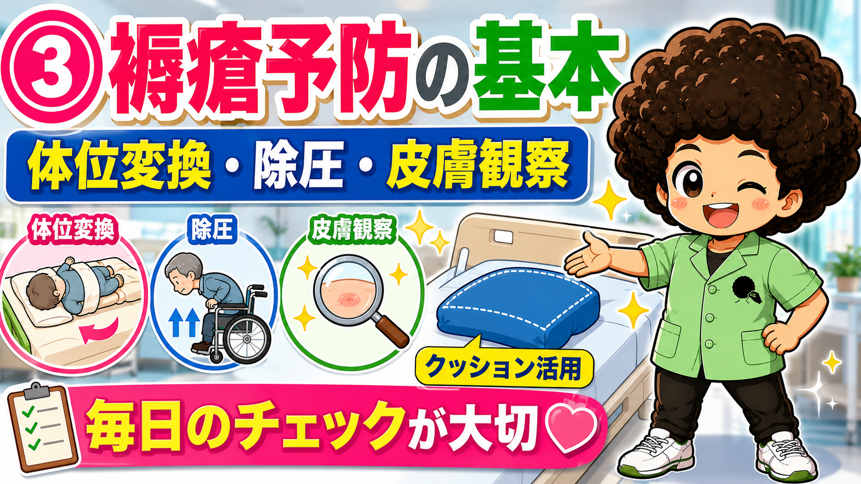 体位変換・除圧・皮膚観察が褥瘡予防の三原則