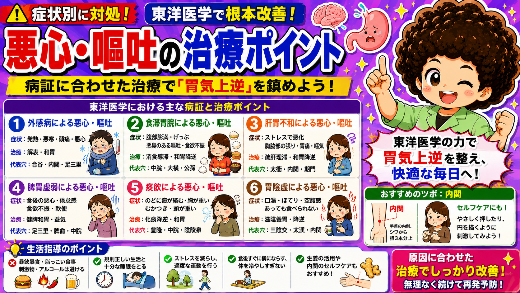 6病証ごとの症状・治療・代表穴と、おすすめのツボ「内関」
