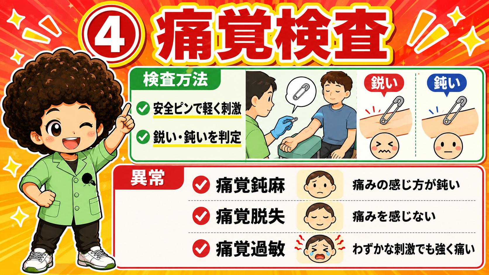 痛覚検査は安全ピンで軽く刺激し「鋭い・鈍い」を判定する