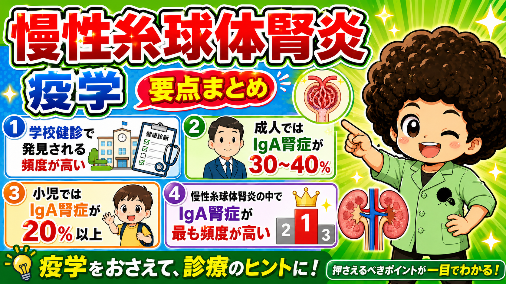 慢性糸球体腎炎のうちIgA腎症が最も頻度が高い(成人30~40%、小児20%以上)