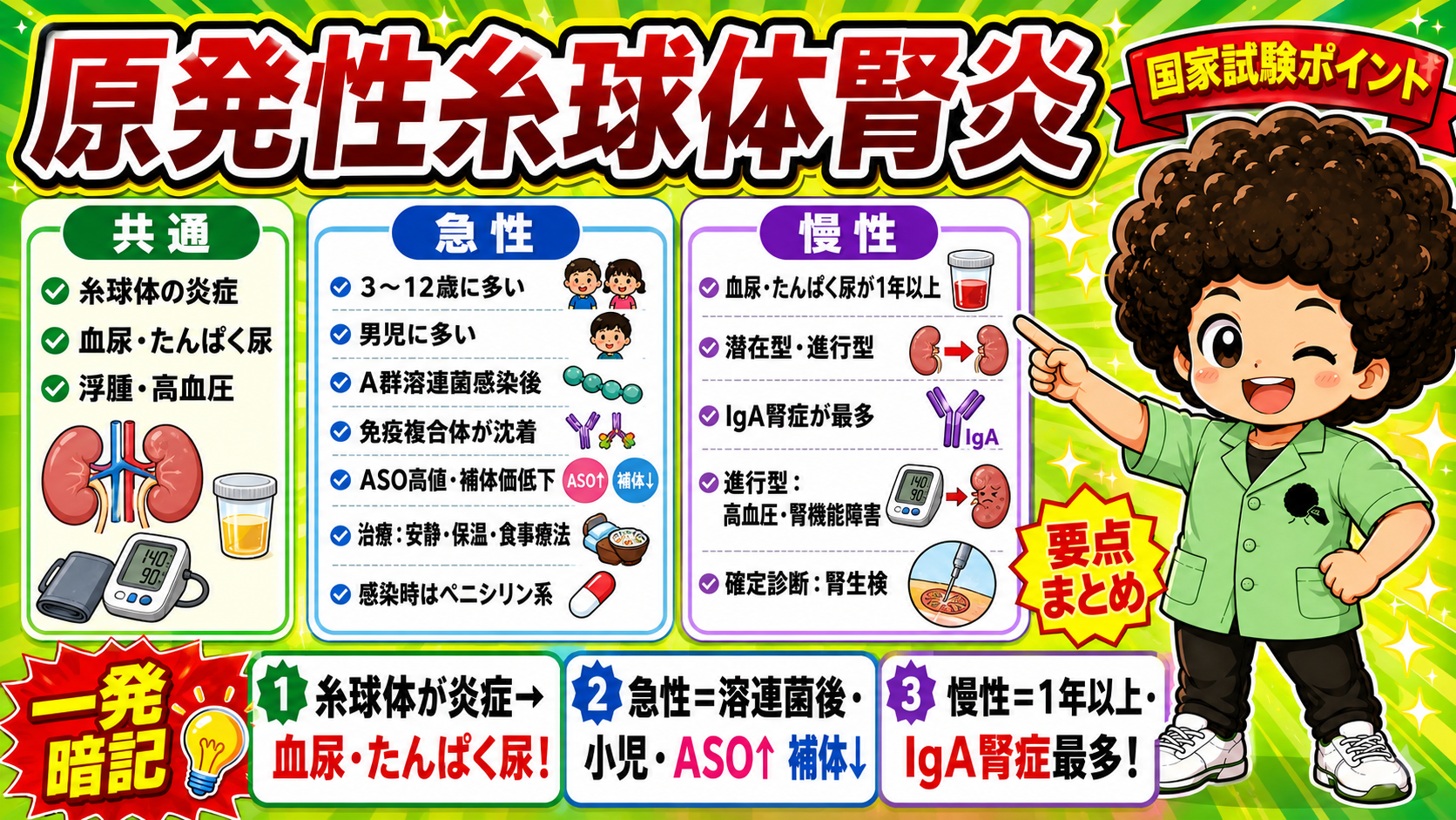 原発性糸球体腎炎における急性と慢性の比較(共通点は糸球体の炎症・血尿たんぱく尿・浮腫・高血圧)