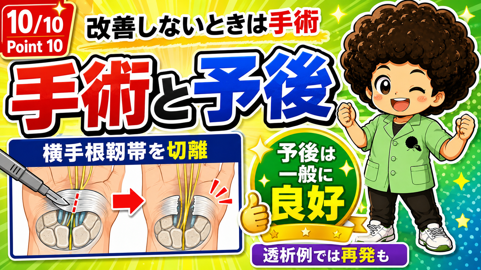 横手根靭帯を切離して手根管を開放する。予後は一般に良好だが透析例では再発も