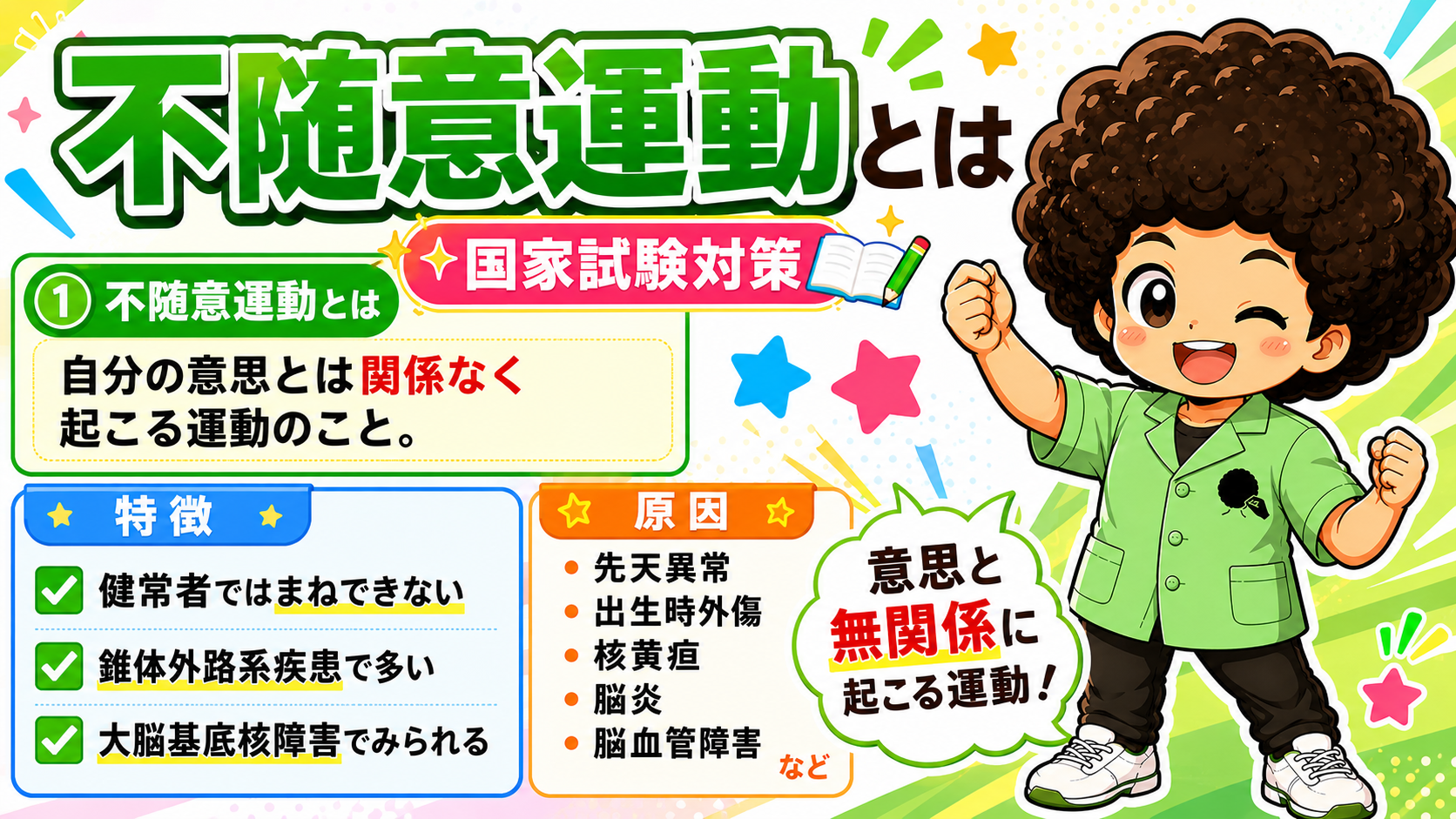 痙攣＝筋肉が不随意に激しく収縮する状態。強直性と間代性に分かれる