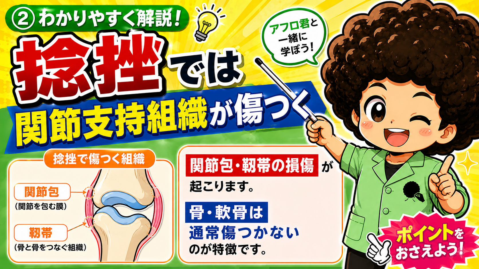 捻挫で傷つくのは関節包（関節を包む膜）と靭帯（骨と骨をつなぐ組織）。骨・軟骨は通常傷つかない。
