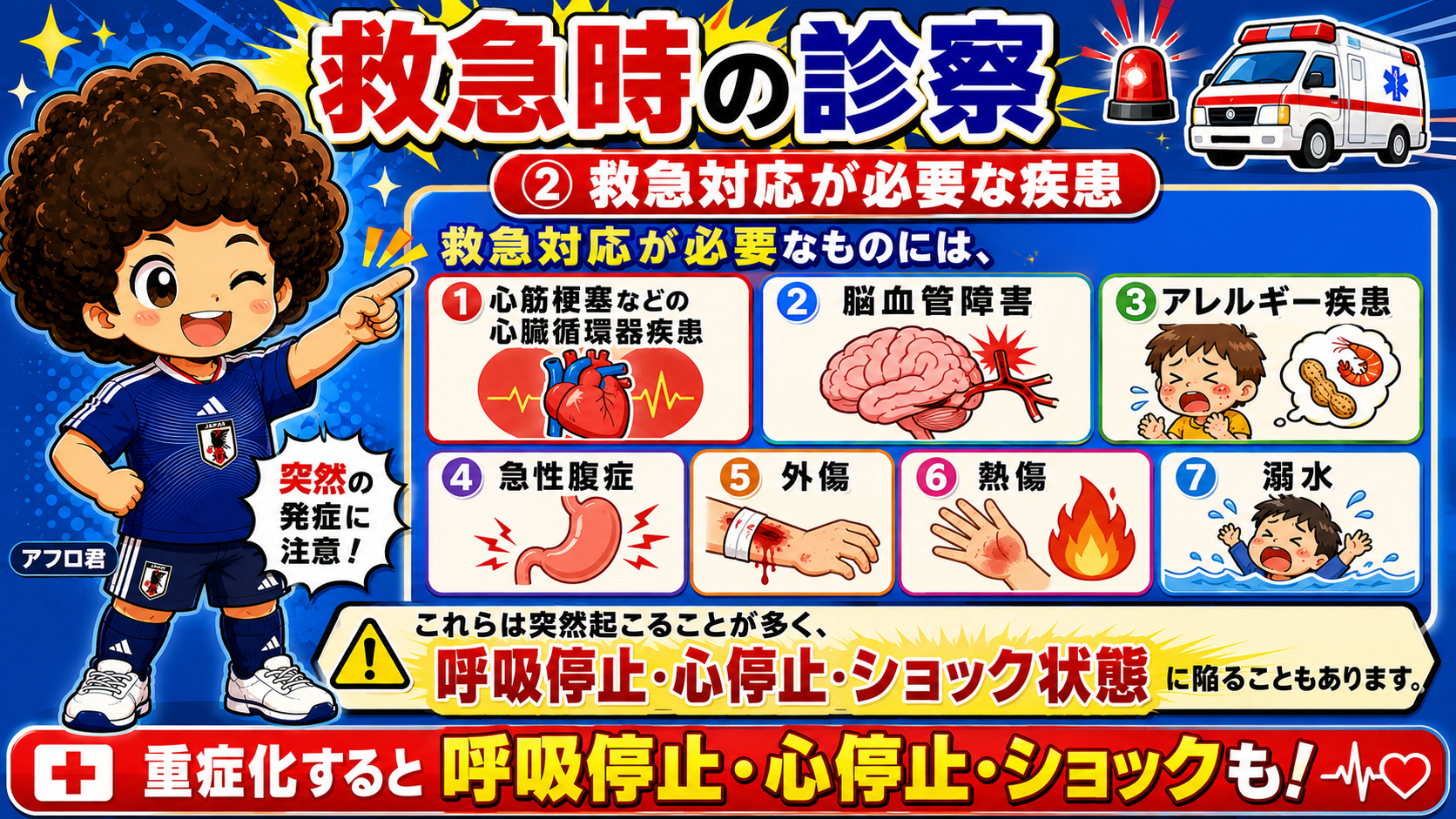 救急対応が必要な7疾患。突然発症し呼吸停止・心停止・ショックに陥ることがある