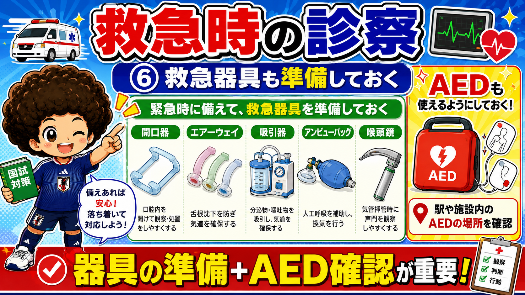 救急器具（開口器・エアーウェイ・吸引器・アンビューバッグ・喉頭鏡）とAEDの準備