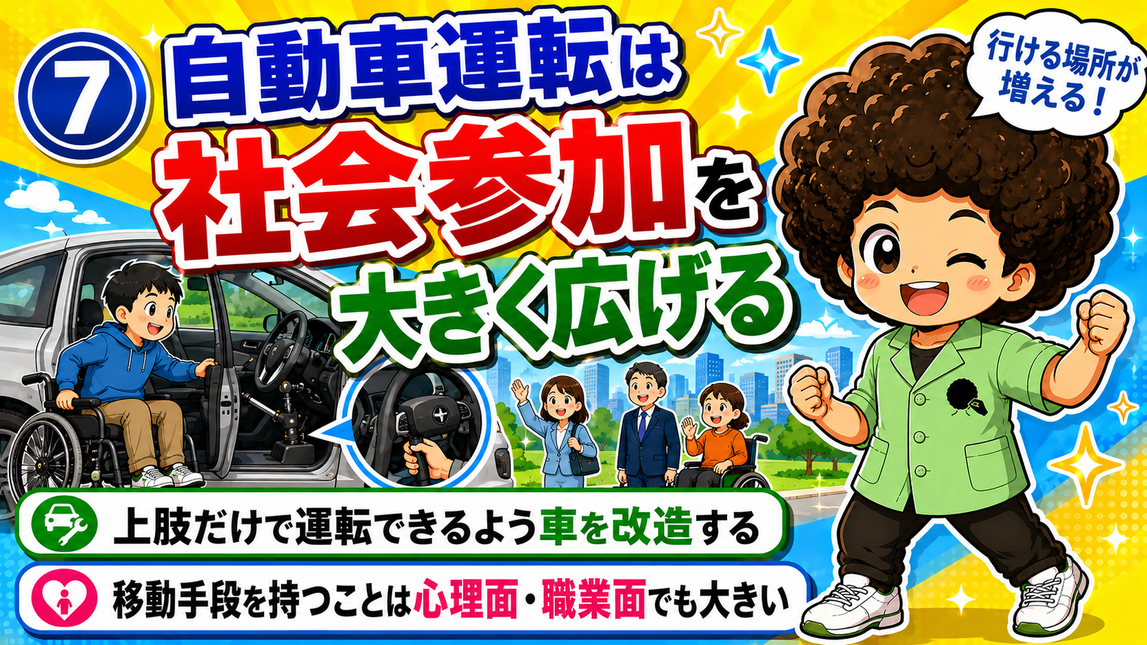 上肢だけで運転できるよう車を改造する。移動手段の獲得は心理面・職業面でも大きい