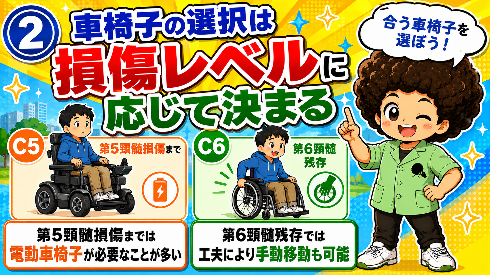C5までは電動車椅子、C6残存では工夫により手動車椅子も可能