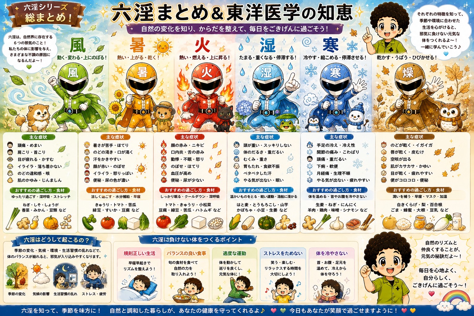 六淫シリーズ総まとめ：6つの邪気の性質・主な症状・おすすめの過ごし方と食材の比較表