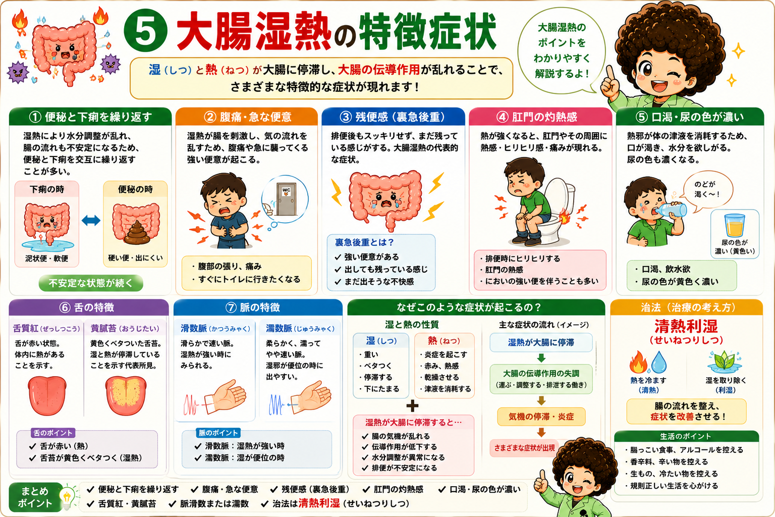 大腸湿熱の特徴症状・舌脈・治法（清熱利湿）