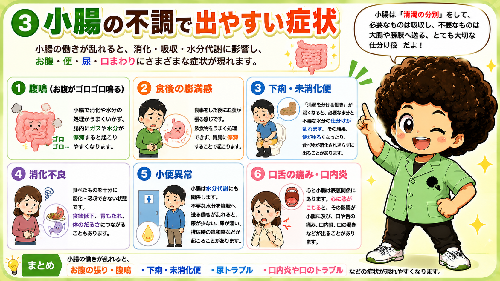小腸の不調で出やすい症状——腹鳴・膨満感・下痢/未消化便・消化不良・小便異常・口内炎