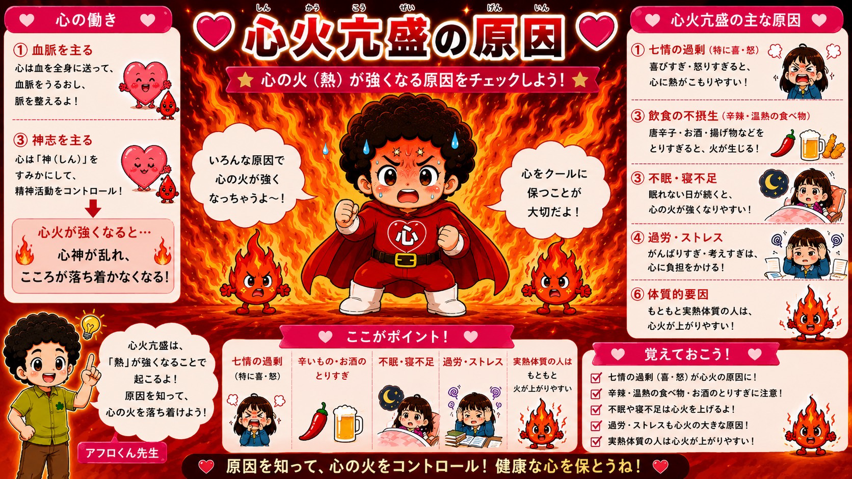 心火亢盛の主な原因。七情の過剰（喜・怒）・辛辣温熱の飲食・不眠・過労ストレス・実熱体質