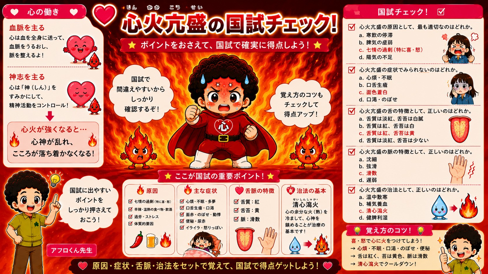 心火亢盛の国試チェック。原因・症状・舌脈・治法をセットで確認