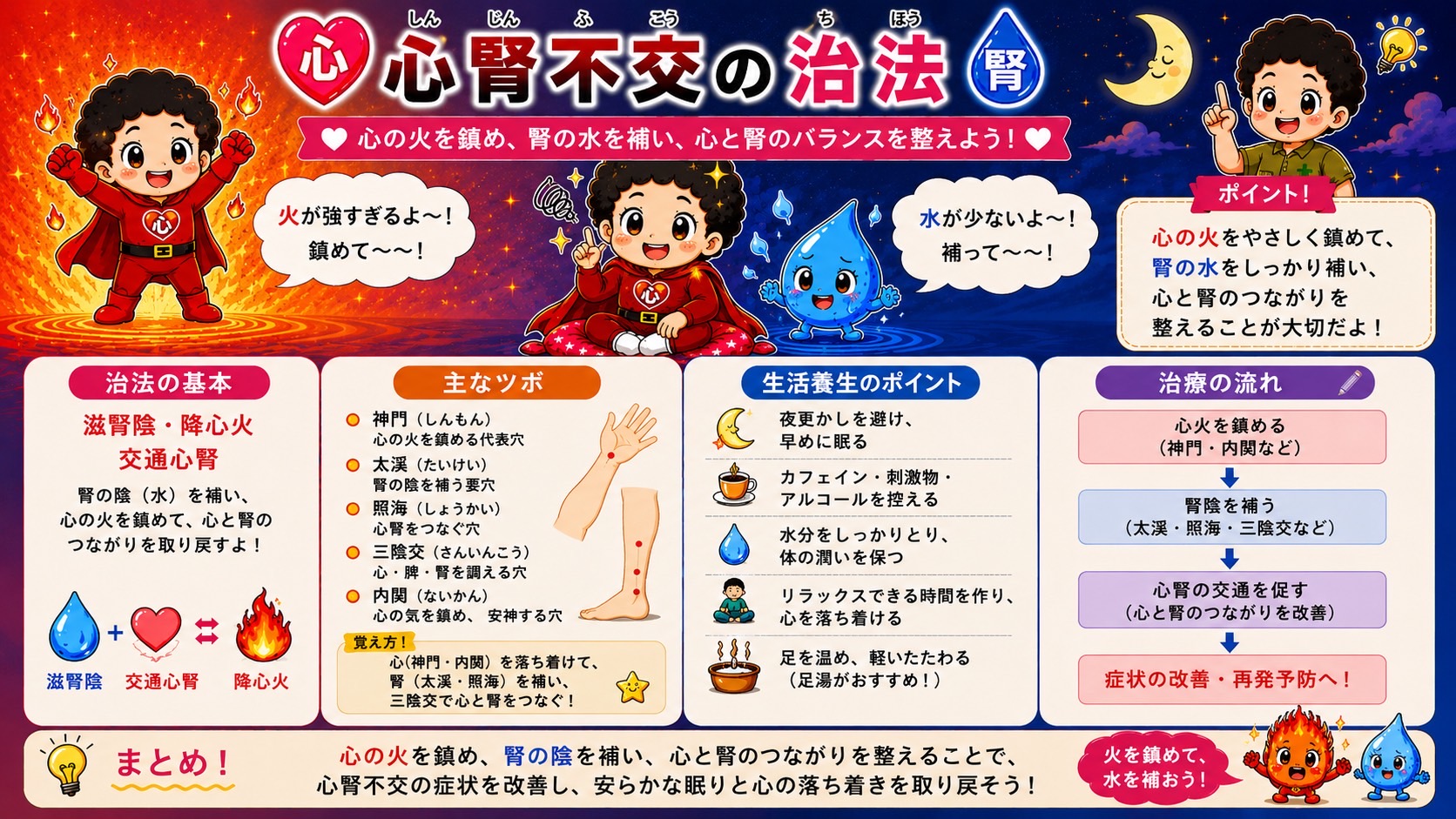心腎不交の治法（滋腎陰・降心火・交通心腎）と主なツボ・生活養生
