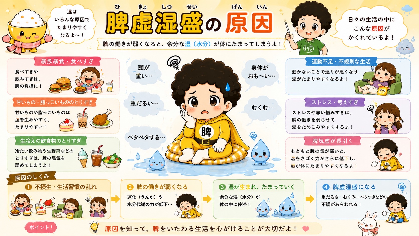 暴飲暴食・甘いもの/脂っこいもの・生冷え・運動不足・ストレス・脾気虚の長引きが脾虚湿盛を招く