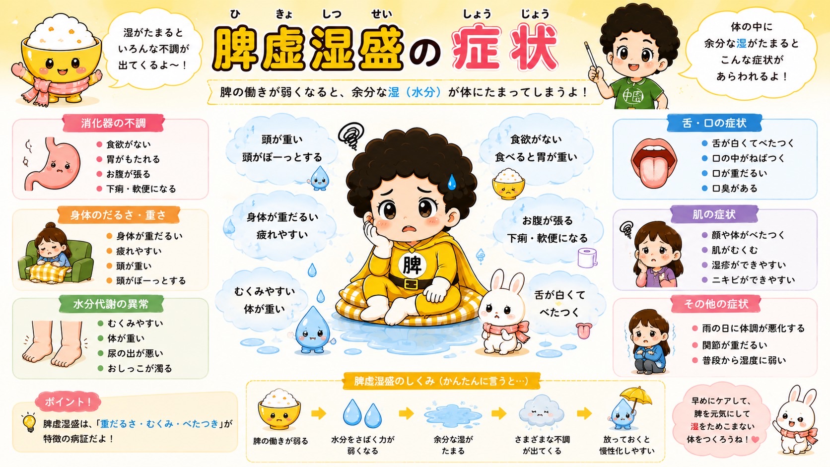 消化器・だるさ・水分代謝・舌口・肌・その他に分けた脾虚湿盛の症状