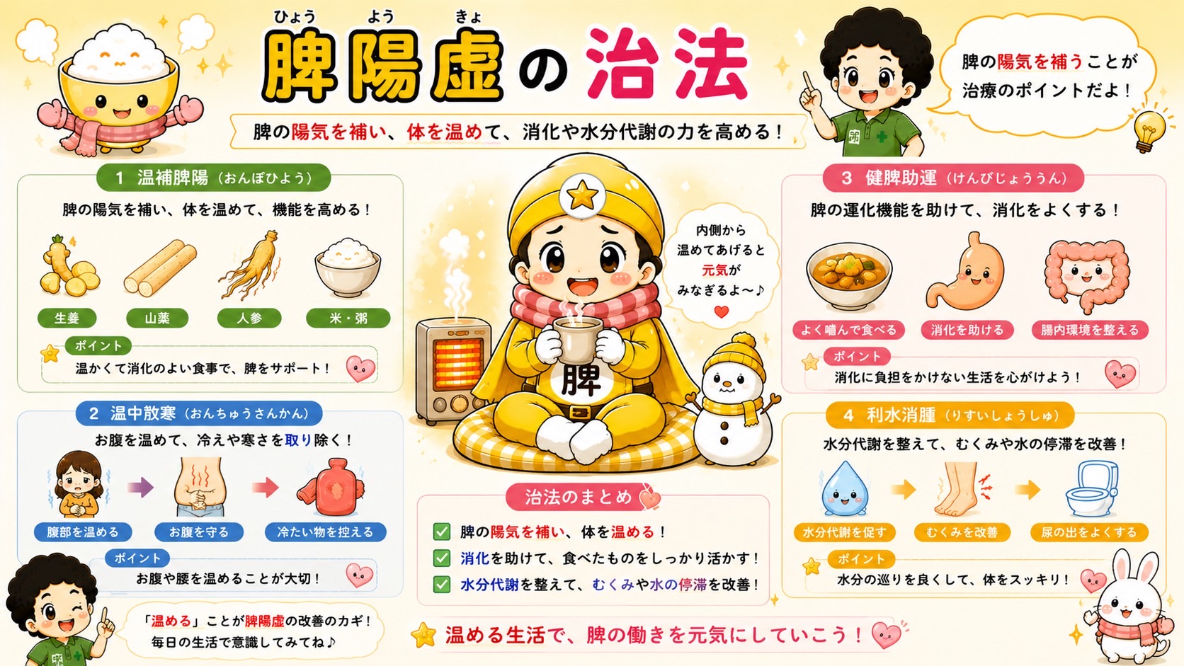 脾陽虚の治法（温補脾陽・温中散寒・健脾助運・利水消腫）