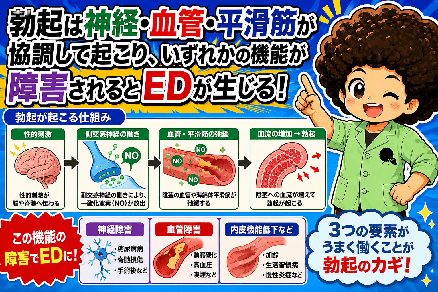 性的刺激→副交感神経（NO放出）→血管・平滑筋の弛緩→血流増加→勃起