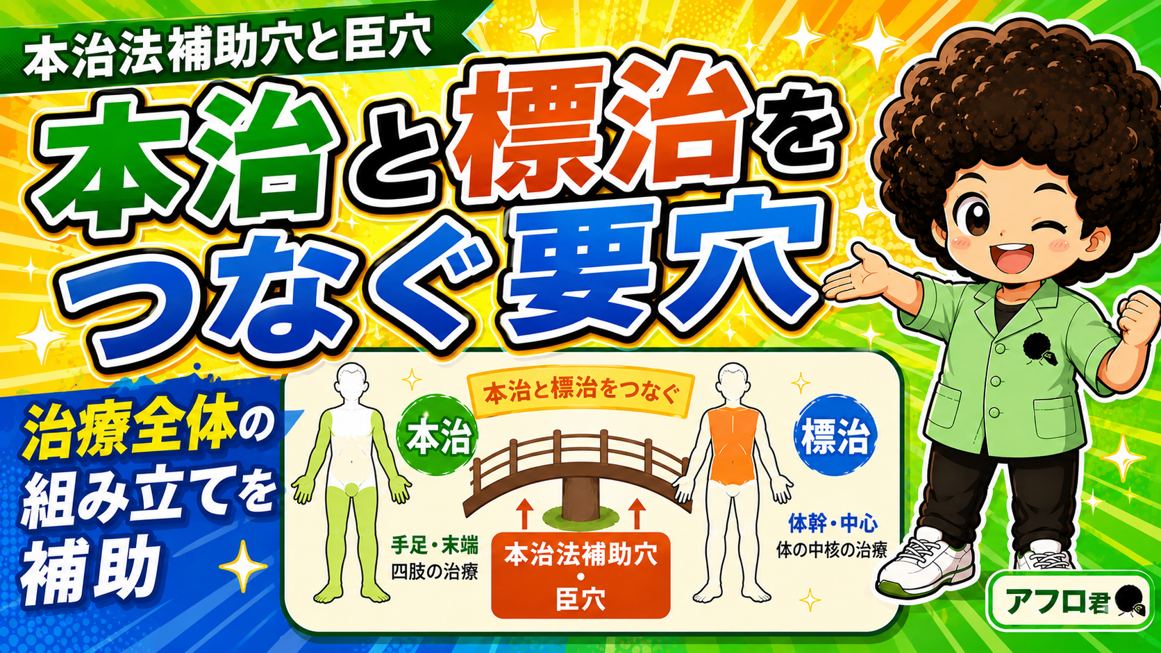 本治（手足・末端）と標治（体幹・中心）をつなぐのが本治法補助穴・臣穴