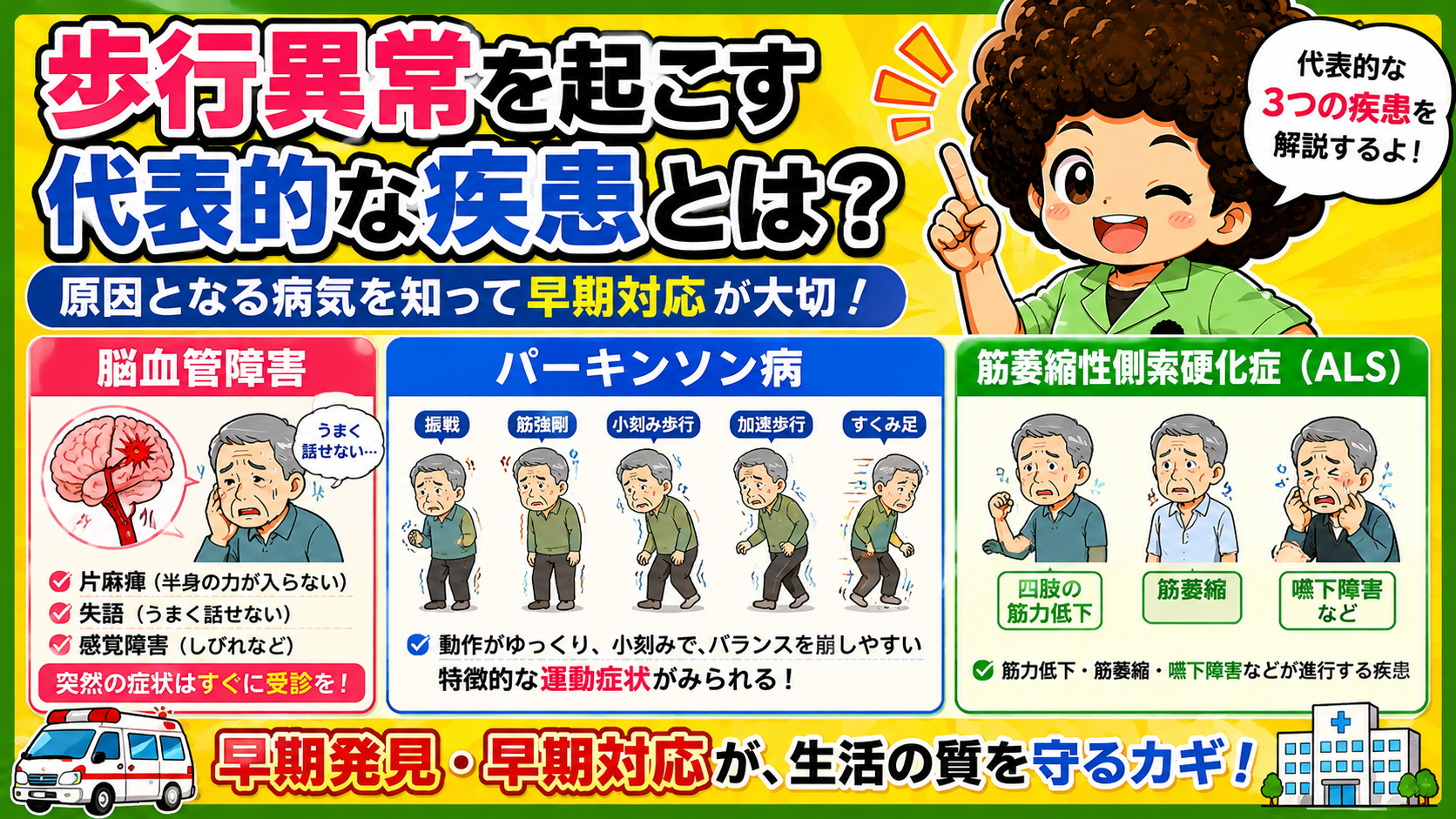 歩行異常を起こす代表的な3疾患（脳血管障害・パーキンソン病・ALS）