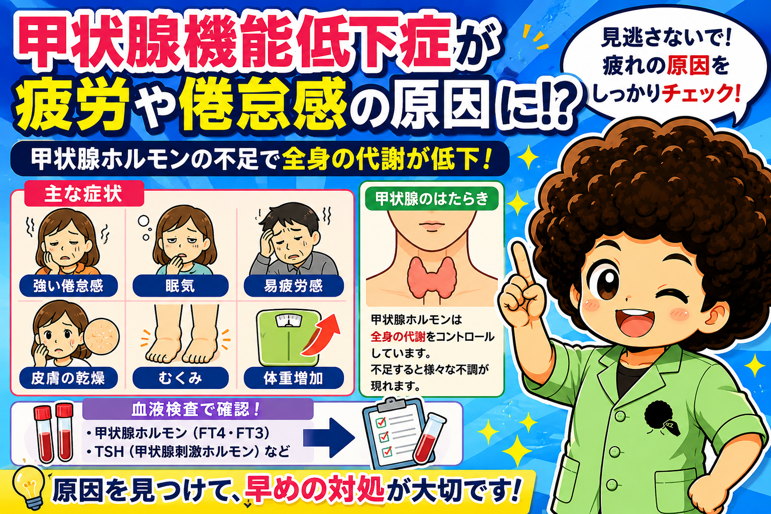 甲状腺機能低下症は全身の代謝低下で倦怠感・むくみ・体重増加を起こす