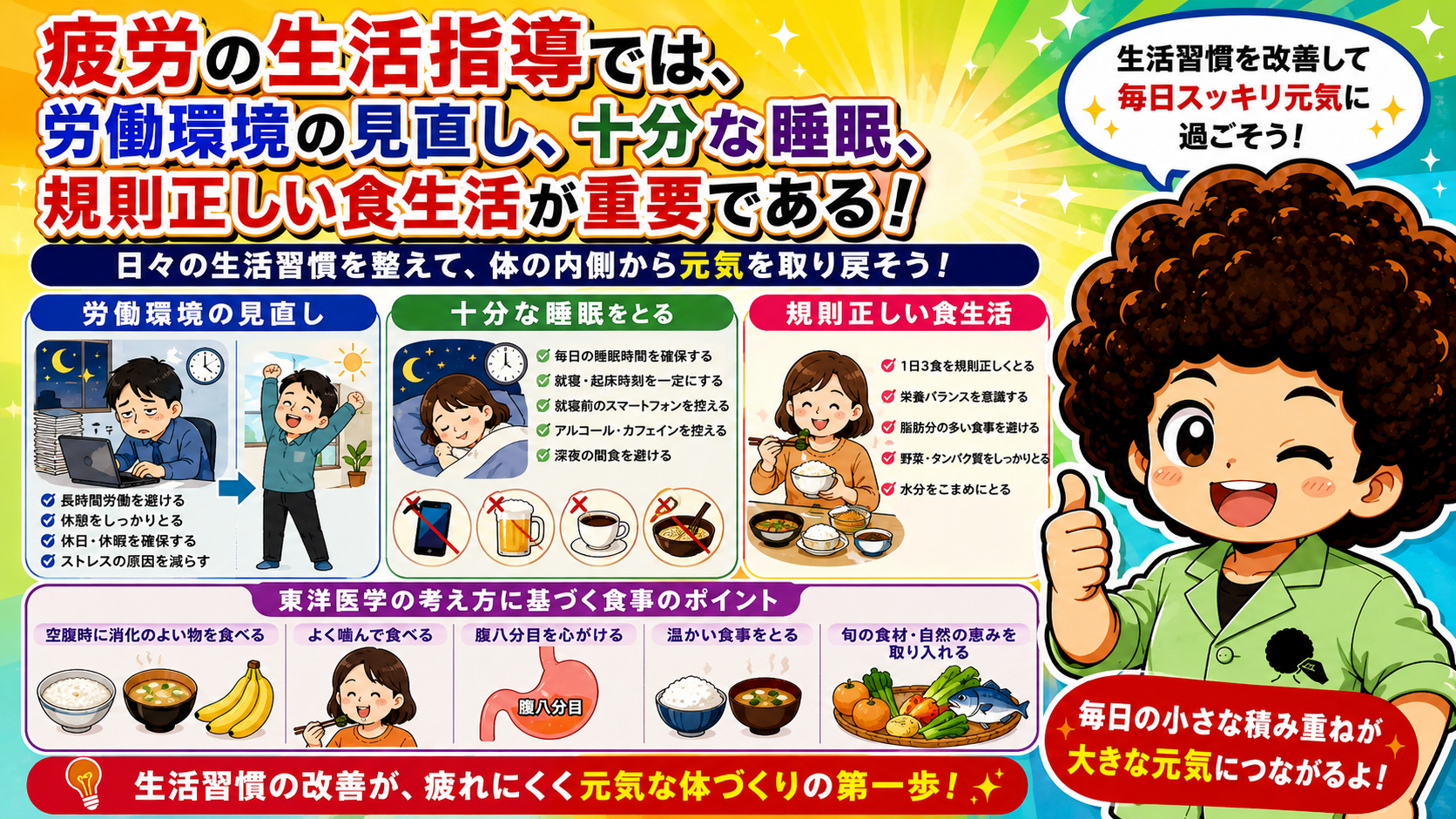 労働環境の見直し・十分な睡眠・規則正しい食生活が生活指導の柱