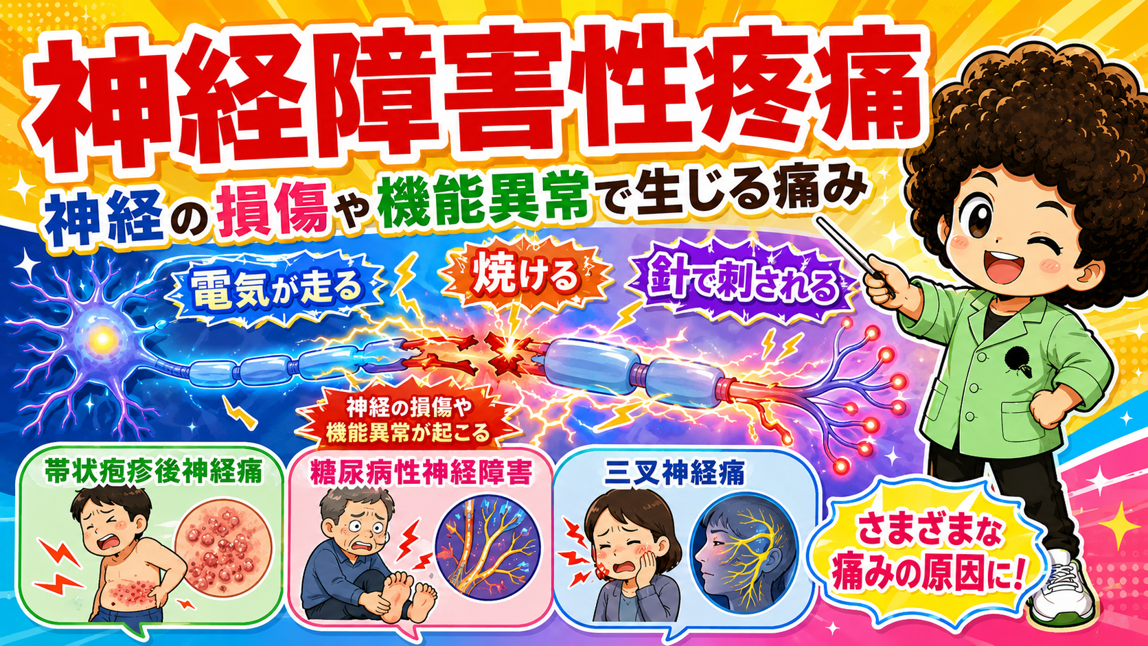 神経障害性疼痛の表現と代表疾患（帯状疱疹後神経痛・糖尿病性神経障害・三叉神経痛）