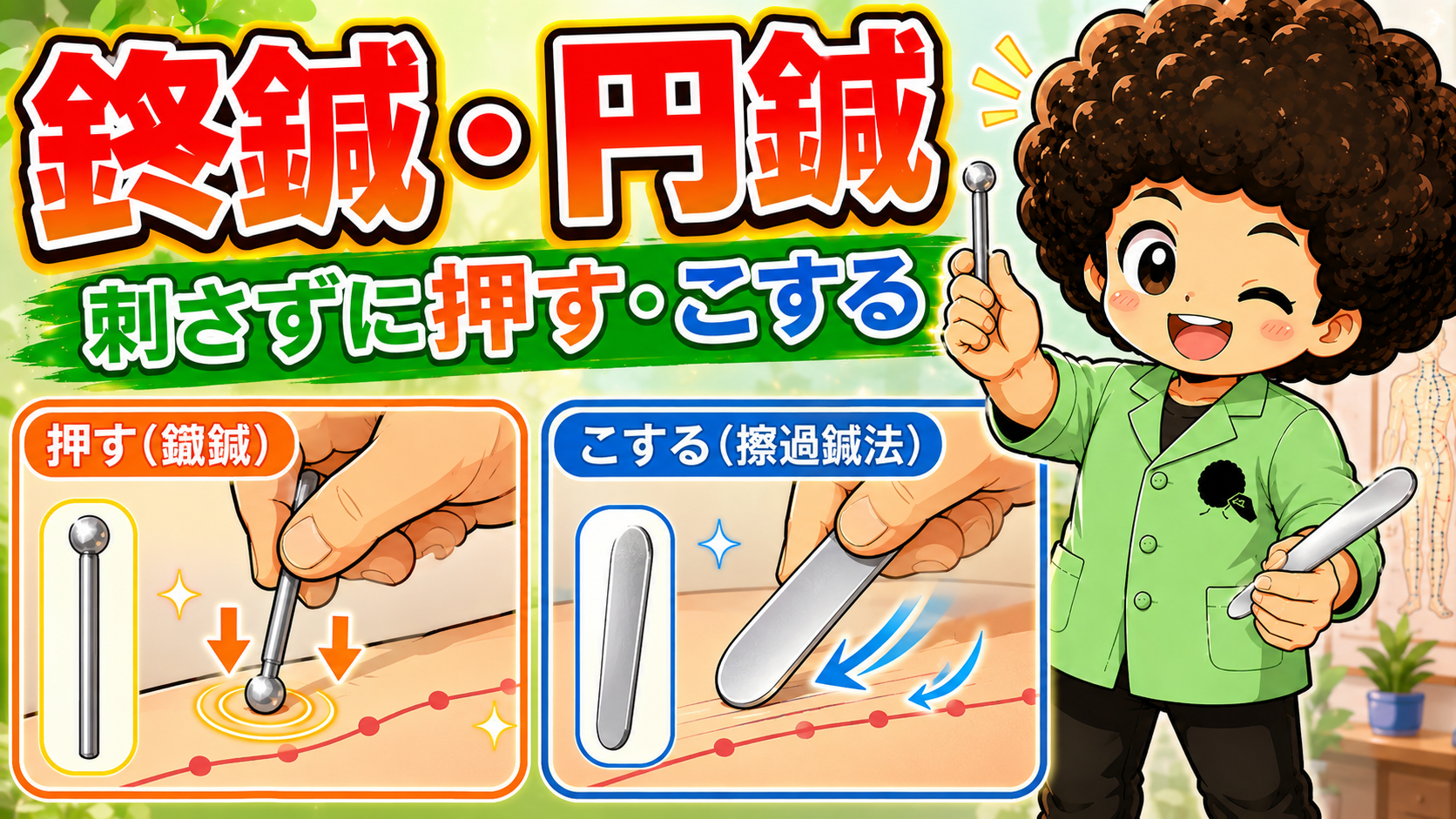 鍉鍼は「押す」、円鍼は「こする（擦過鍼法）」