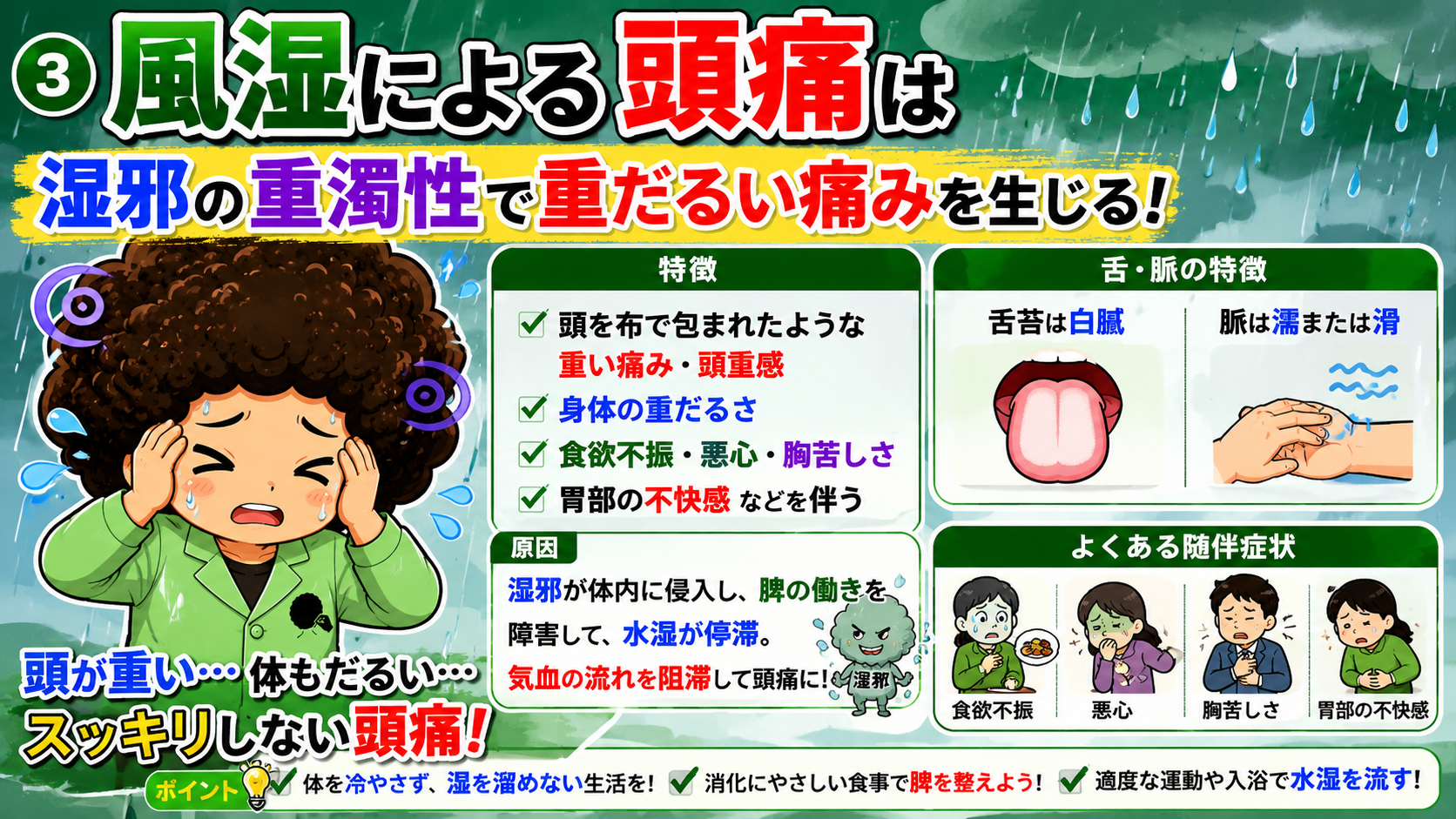 風湿による頭痛（舌苔は白膩・脈は濡または滑）