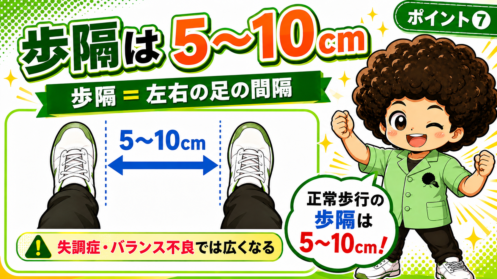 歩隔は左右の足の間隔。正常5〜10cmで、失調では広くなる。