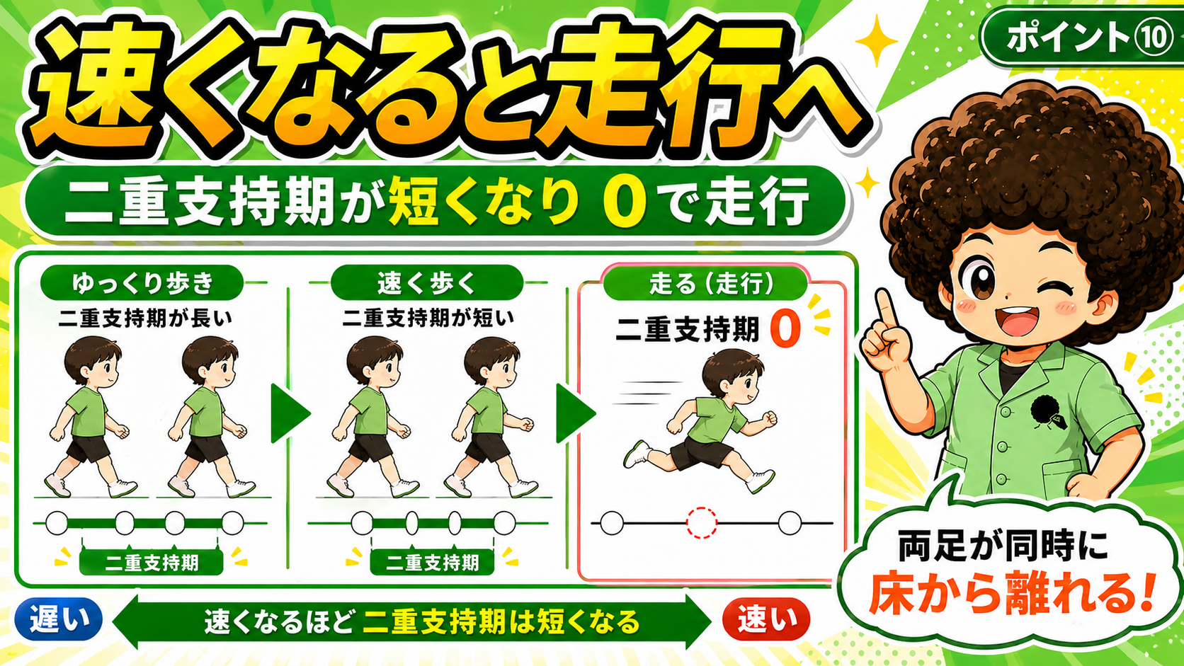速度が上がると二重支持期が短縮し、0になると走行になる