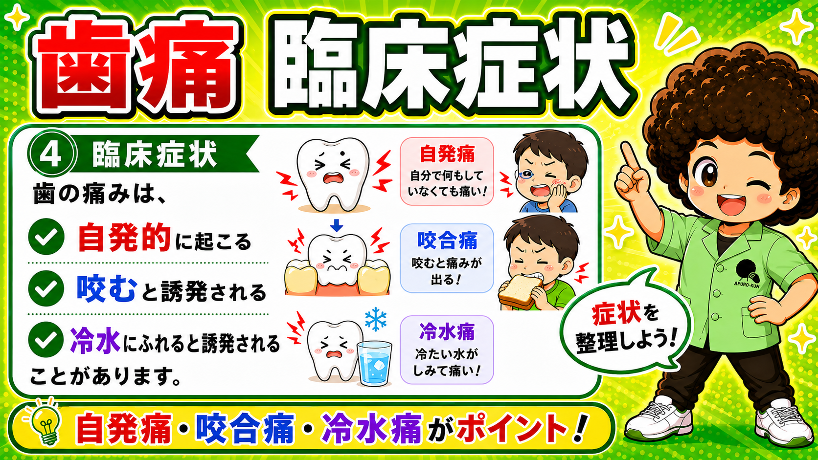 臨床症状：自発痛・咬合痛・冷水痛の3パターンがポイント