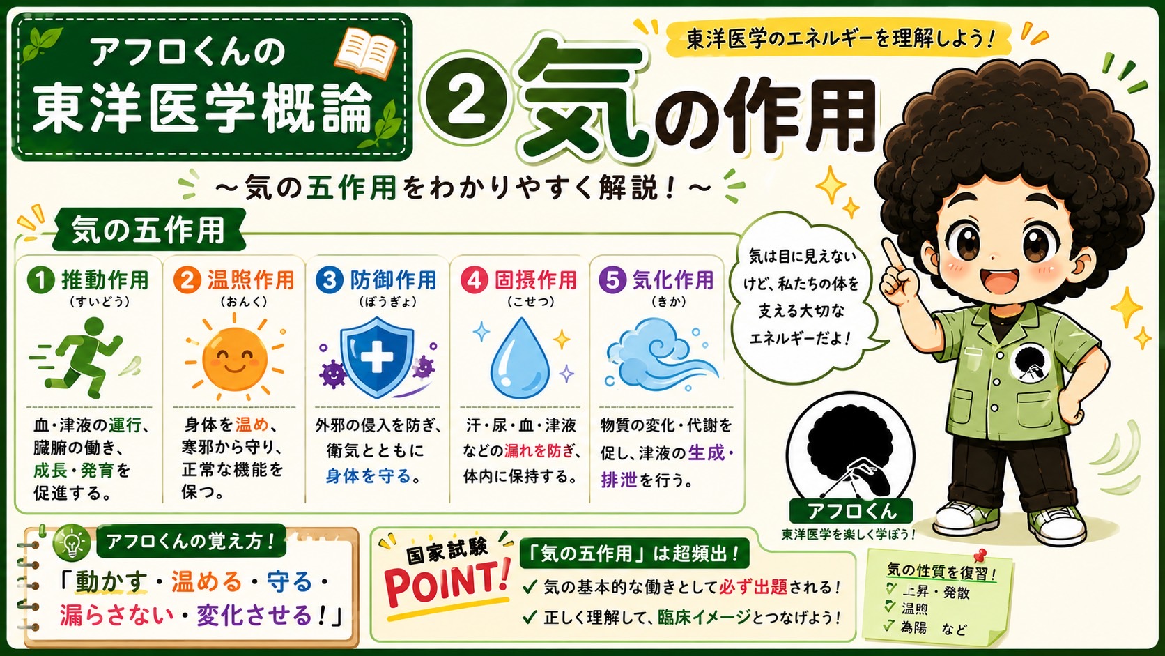 気の五作用。「動かす・温める・守る・漏らさない・変化させる」で覚えよう