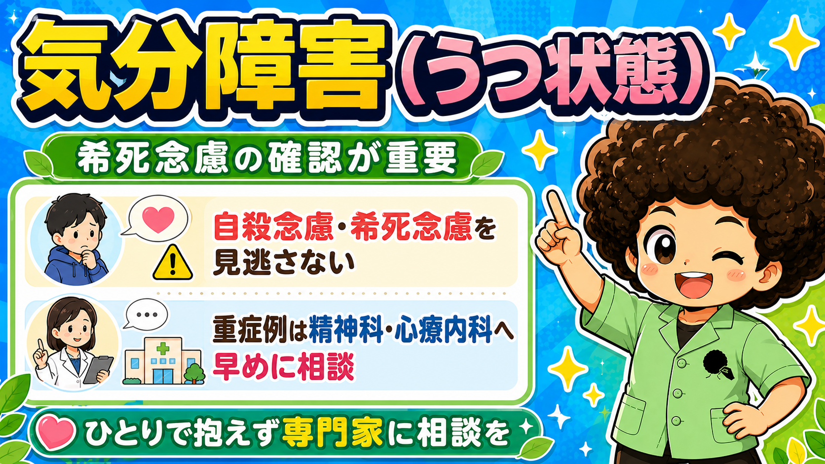 希死念慮の確認が最重要。重症例は精神科・心療内科へ早めに相談