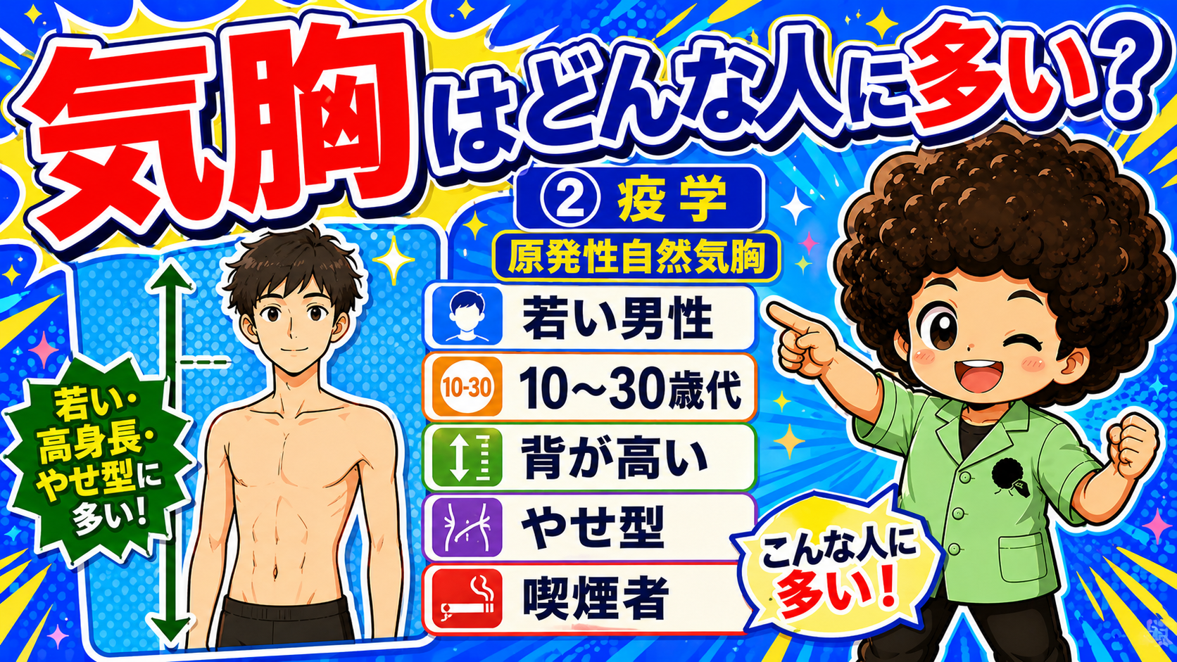 気胸はどんな人に多い？若い・背が高い・やせ型・喫煙者の男性に多い