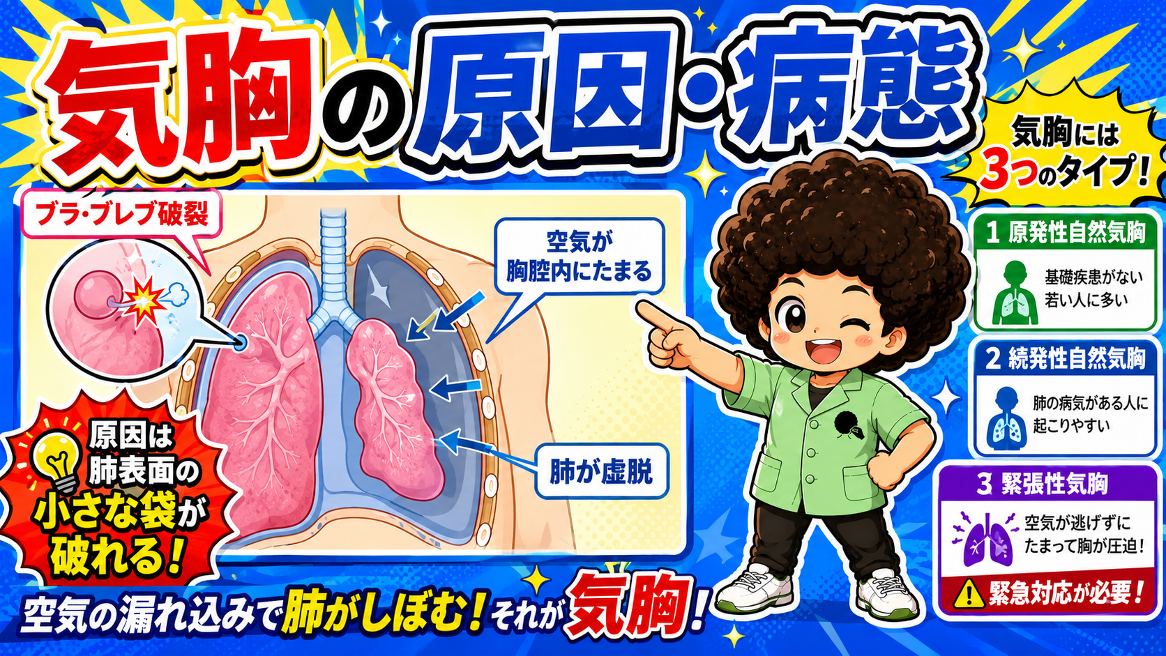 気胸の原因・病態:ブラ・ブレブが破裂し胸腔内に空気がたまり肺が虚脱する