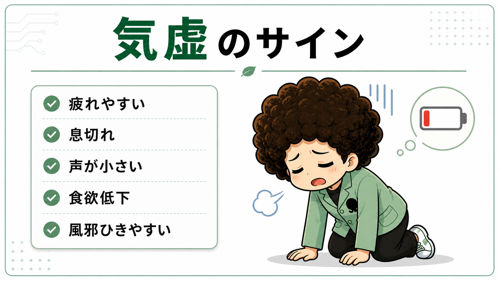 気虚のサイン一覧：疲れやすい・息切れ・声が小さい・食欲低下・風邪ひきやすい