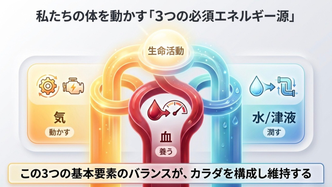 生命活動を支える3要素：気（動かす）・血（養う）・水／津液（潤す）