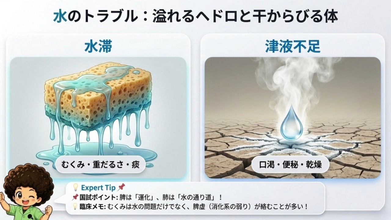 水のトラブル：水滞（むくみ・重だるさ・痰）と津液不足（口渇・便秘・乾燥）