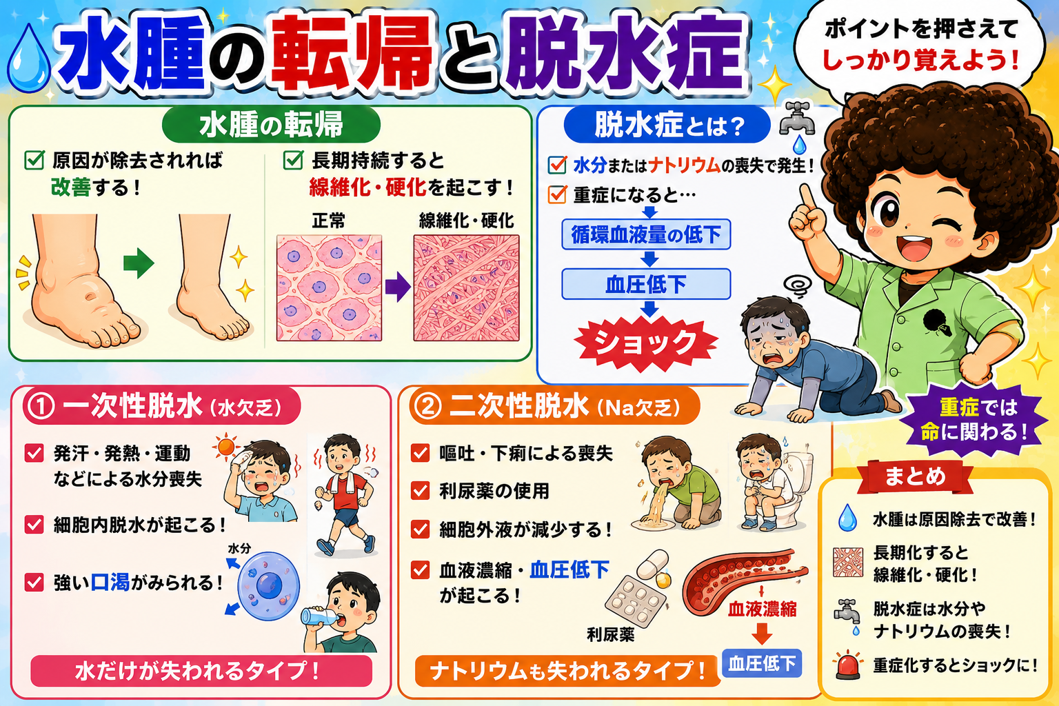 水腫の転帰（改善／線維化・硬化）と、一次性・二次性脱水の比較