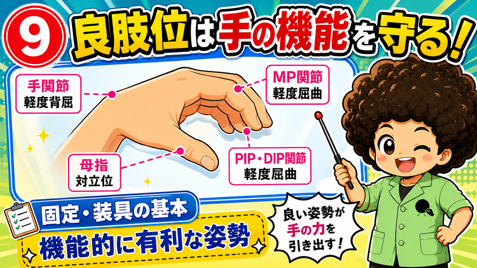 手の良肢位：手関節軽度背屈・MP軽度屈曲・PIP/DIP軽度屈曲・母指対立位