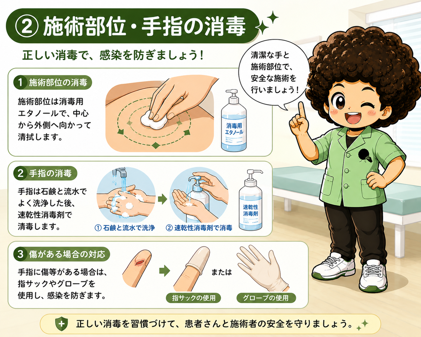 施術部位・手指の消毒手順と、傷がある場合の対応