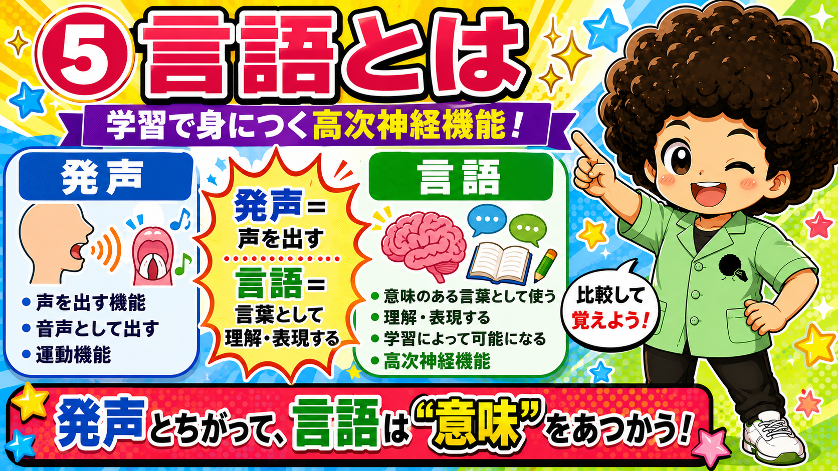 発声は運動機能、言語は学習で身につく高次神経機能