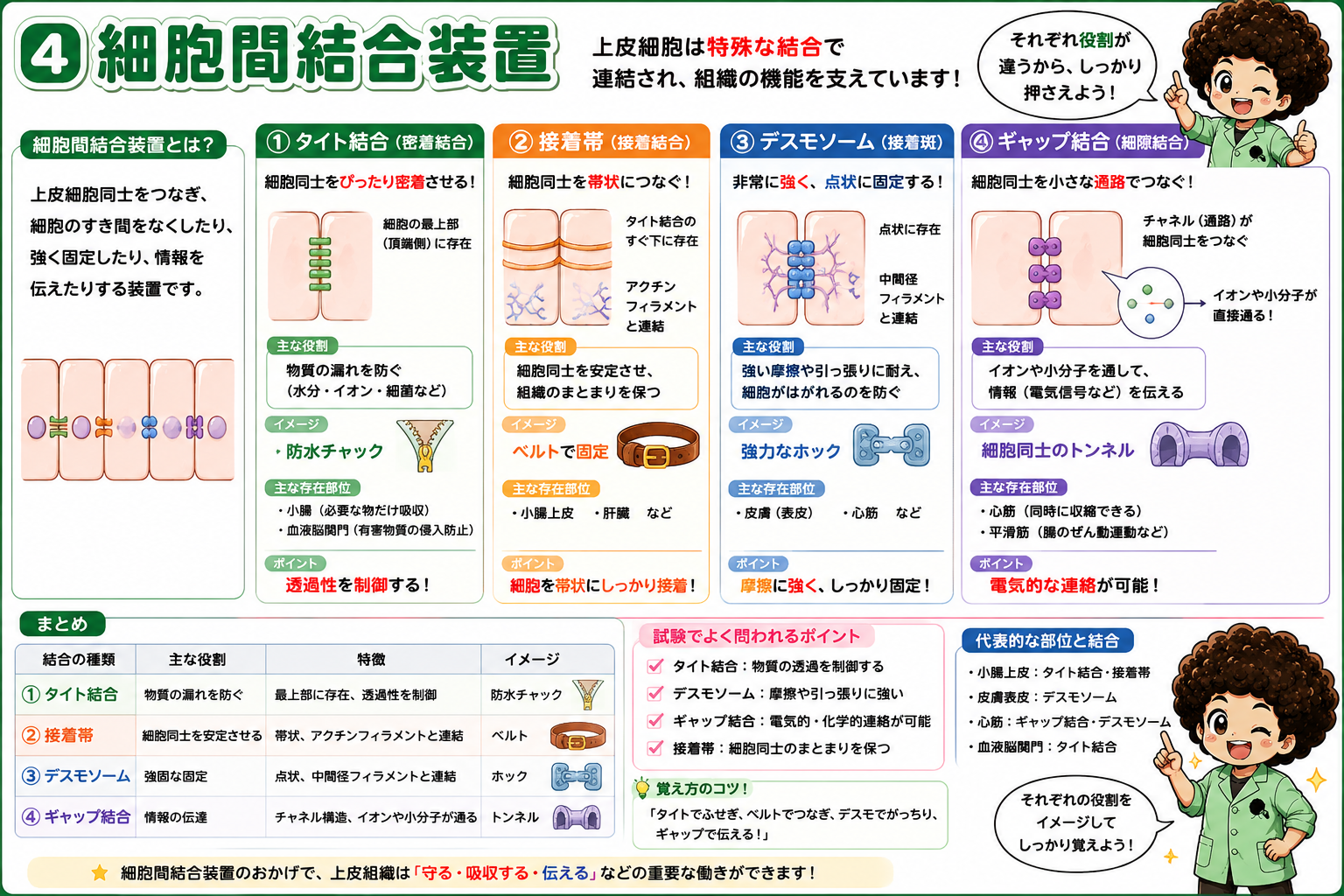上皮組織の特徴（密着・基底膜・無血管・高い再生能）と4つの役割