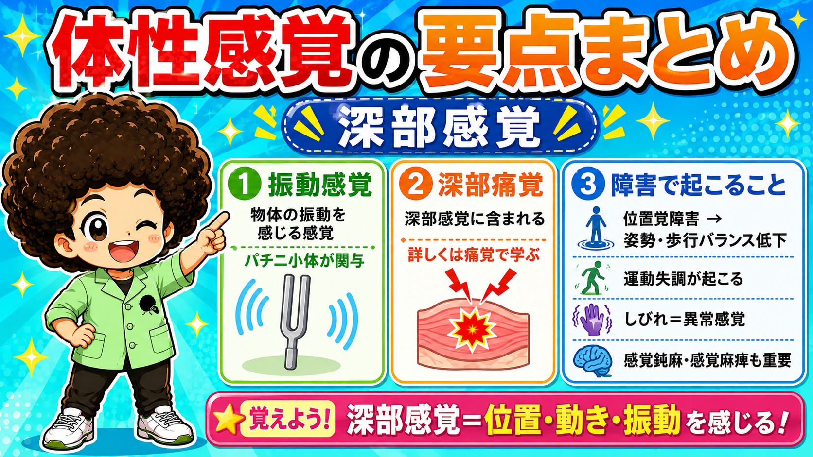 深部感覚＝位置・動き・振動を感じる。障害では運動失調や歩行バランス低下が起こる