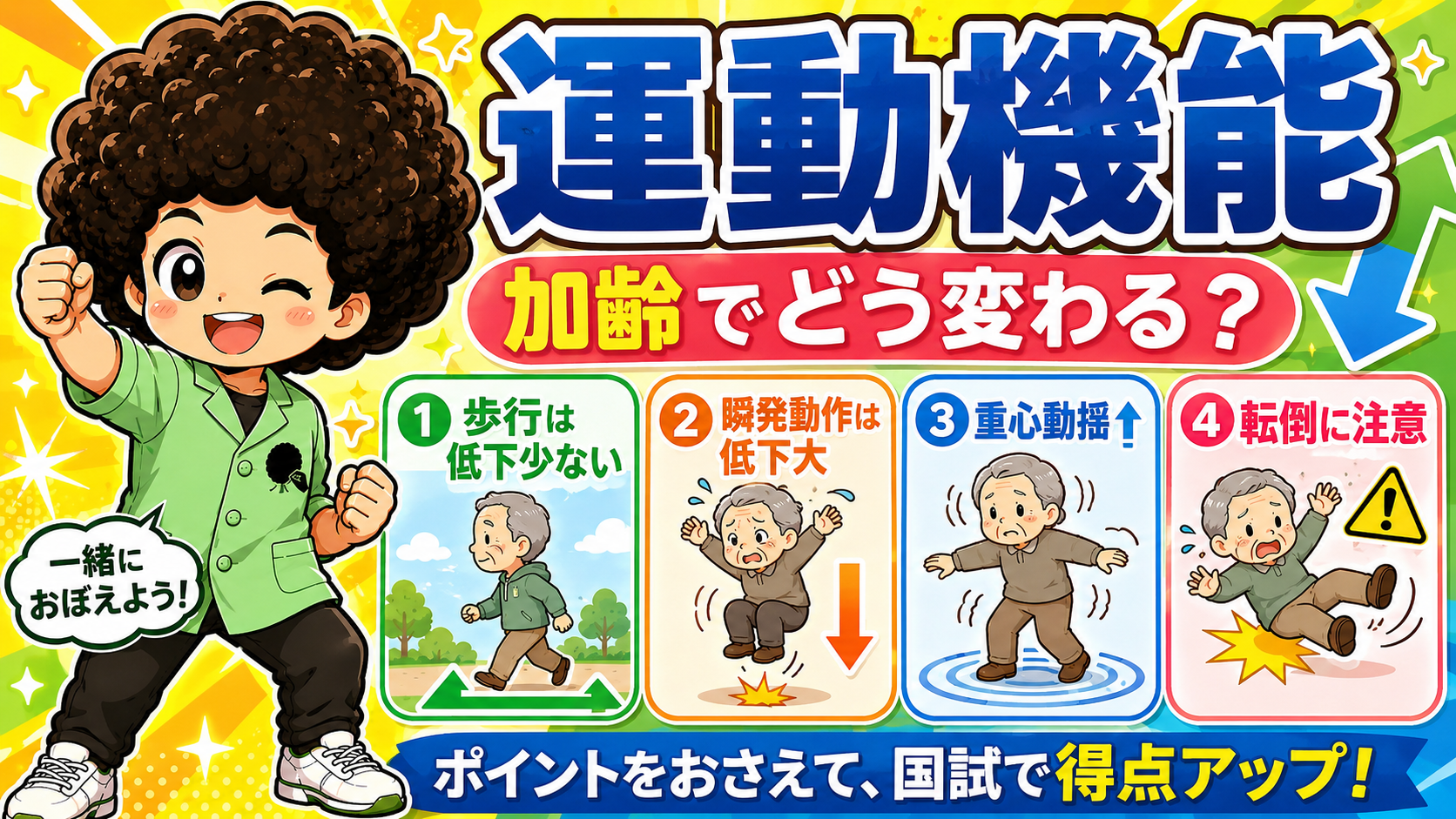 歩行は低下少・瞬発動作は低下大・重心動揺↑で転倒注意