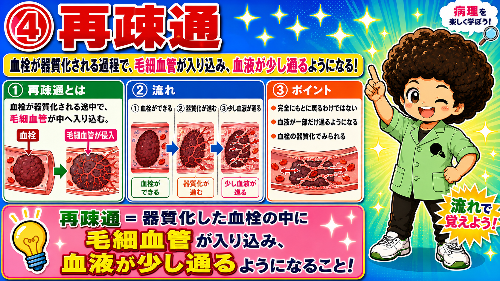 再疎通＝器質化した血栓の中に毛細血管が入り込み、血液が少し通るようになること