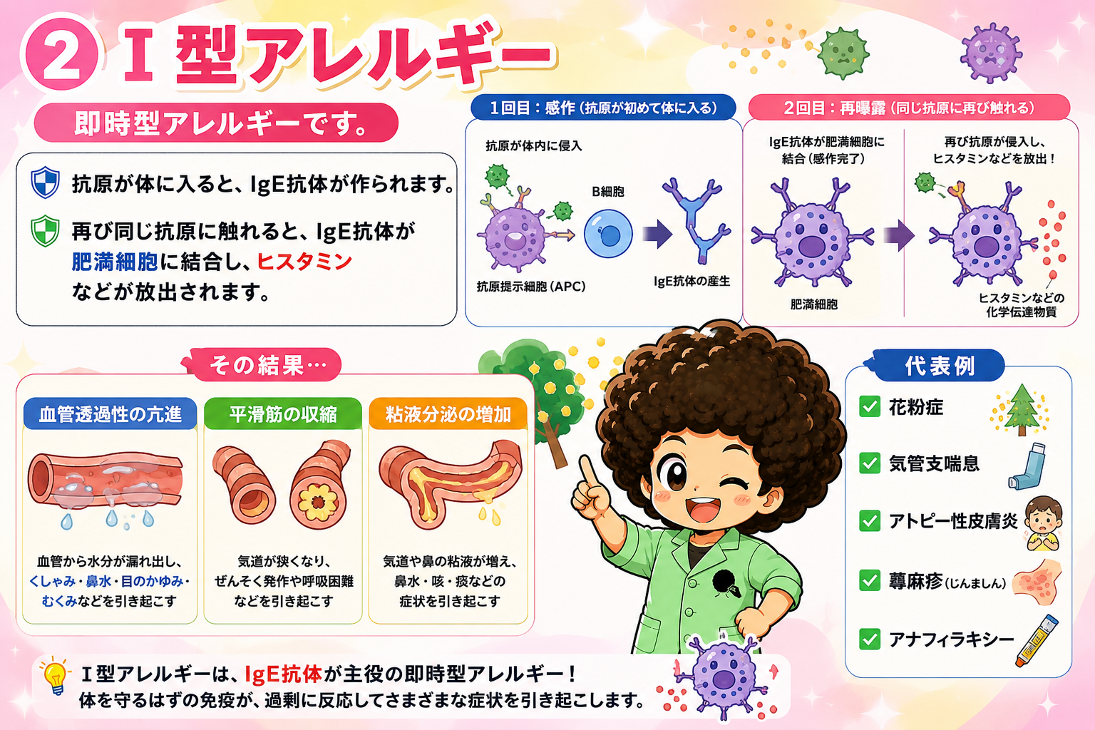 I型アレルギー：感作と再曝露、ヒスタミン放出による3つの結果