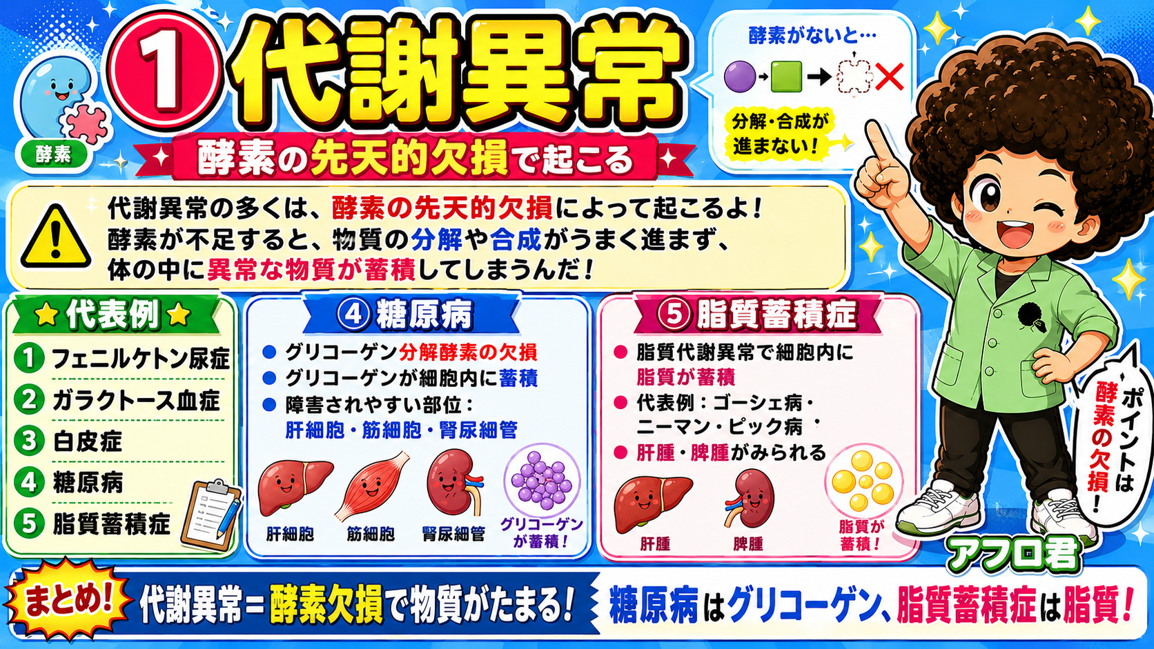 代謝異常＝酵素欠損で物質がたまる。糖原病はグリコーゲン、脂質蓄積症は脂質